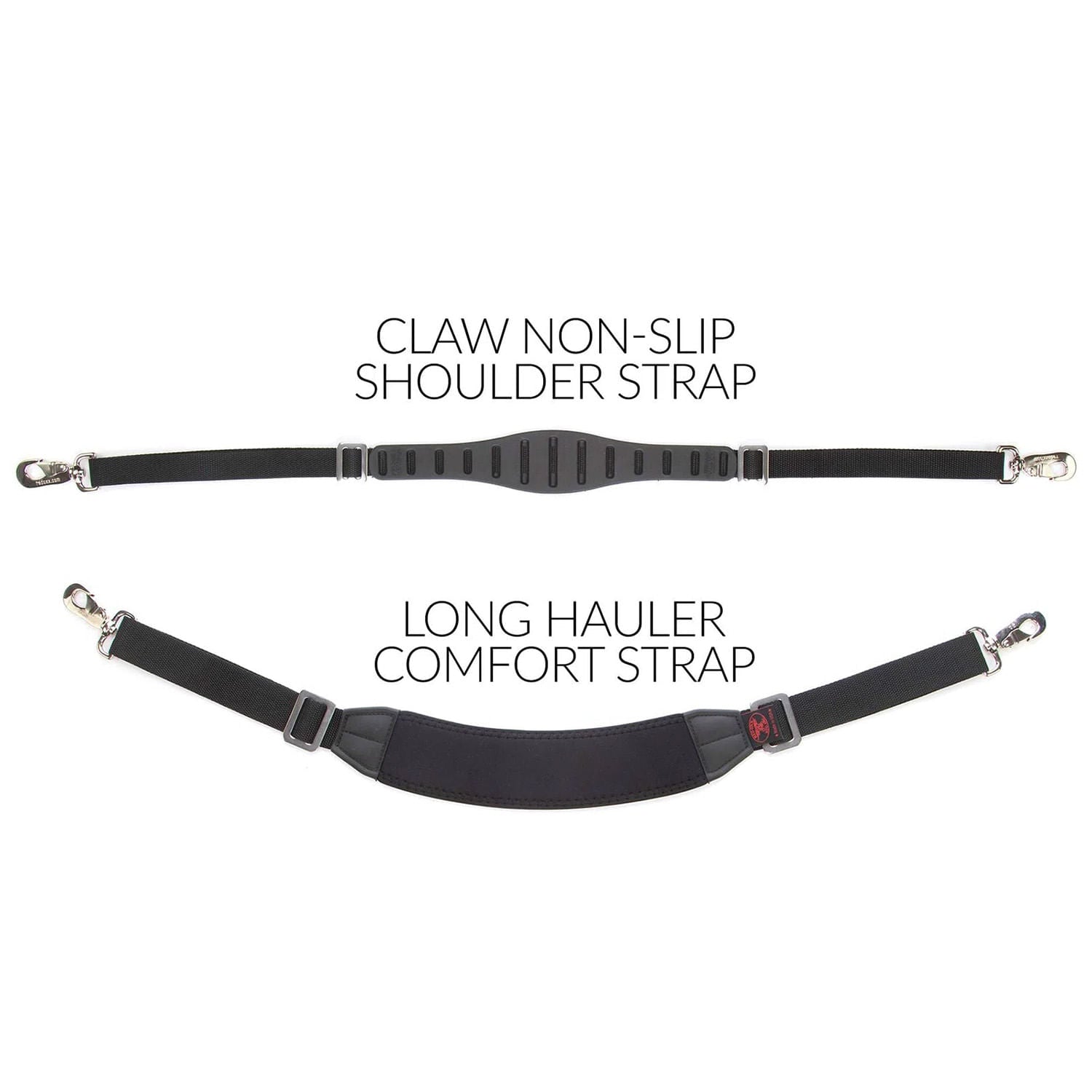 comparison of Claw Non Slip shoulder strap to the Long Hauler Comfort Strap. 