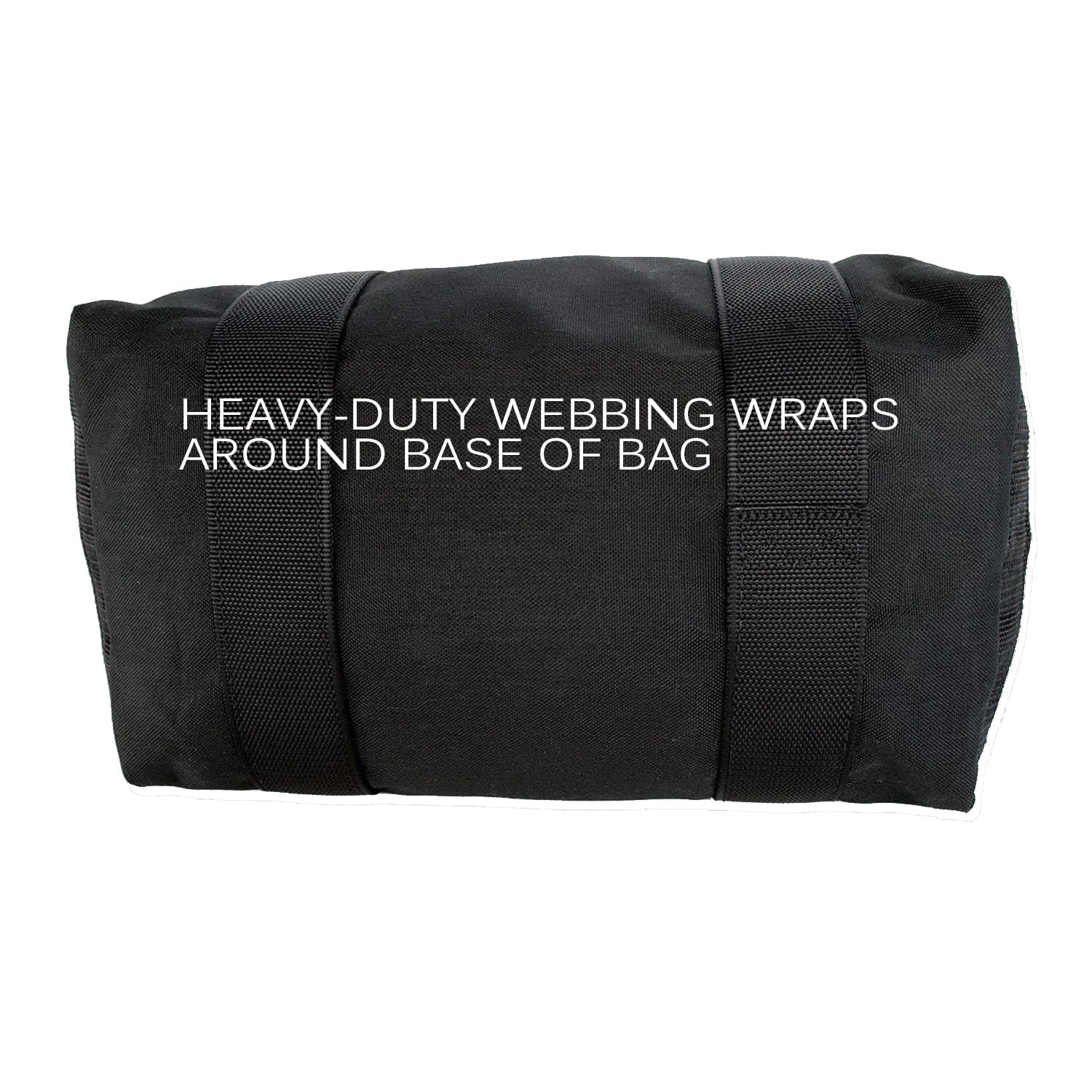 Heavy duty webbing wraps around the base of bag.  Note double box X stitching pattern for reinforcement. 
