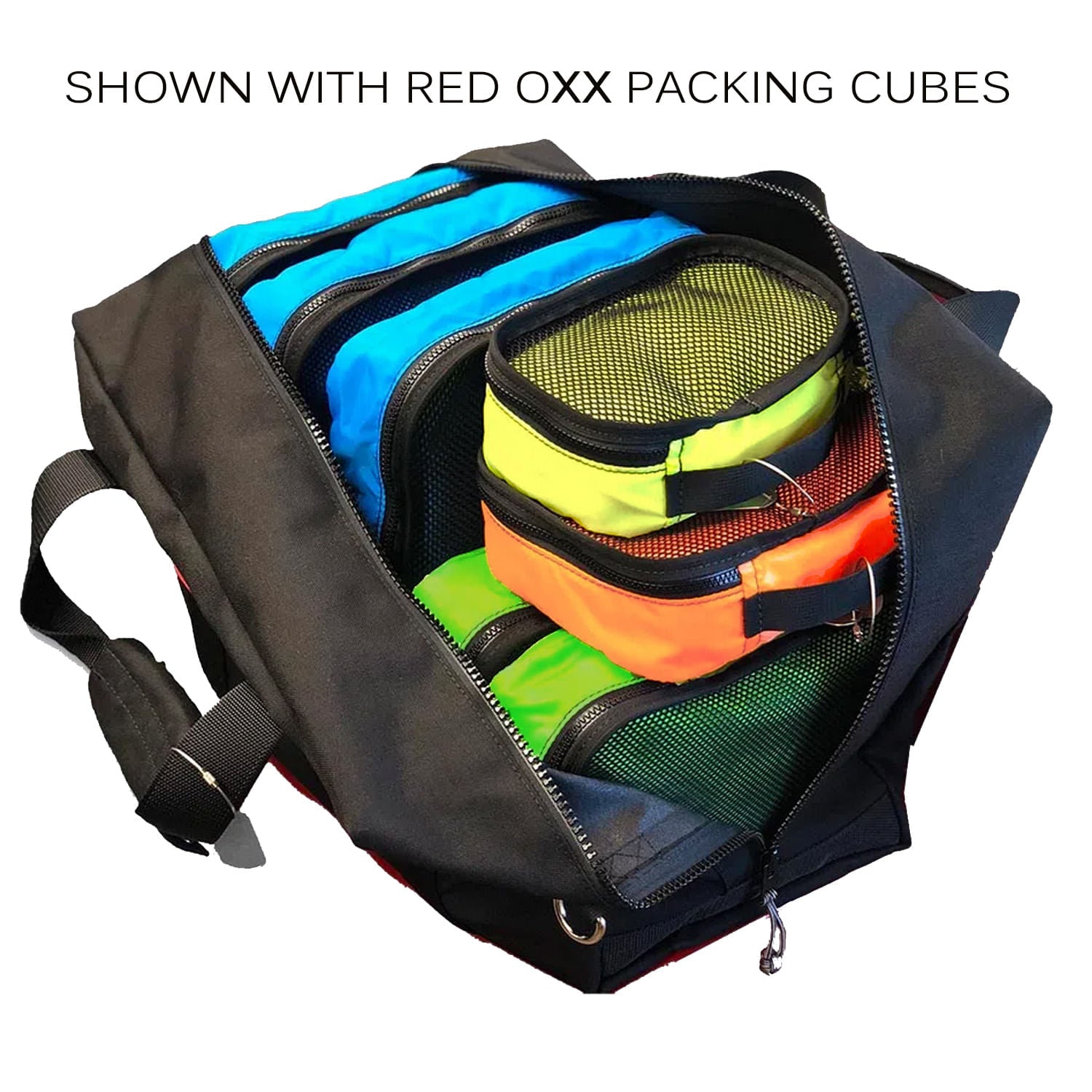 Small aviator kit bag with Red Oxx packing cubes.