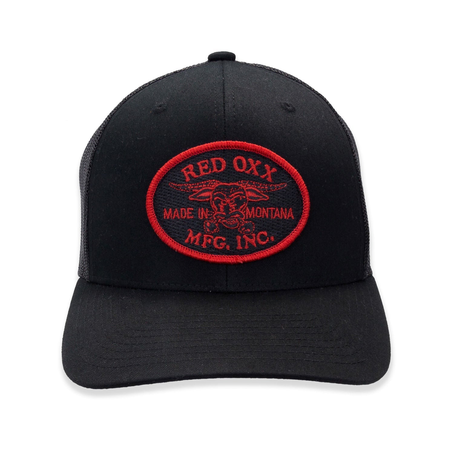 Red Oxx trucker hat with patch logo. 