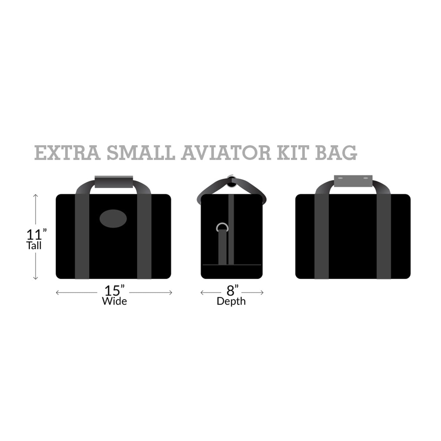 Extra Small Aviator Kit Bag dimensions : eleven inches tall x fifteen inches wide x eight inches depth. 