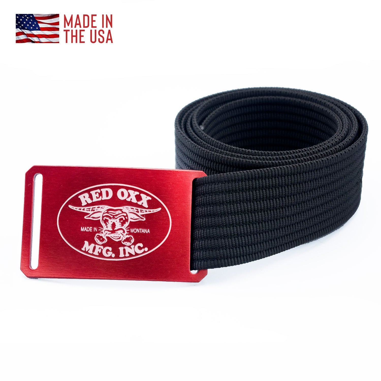 Red Oxx logo on Grip Six belt in Aluminum 