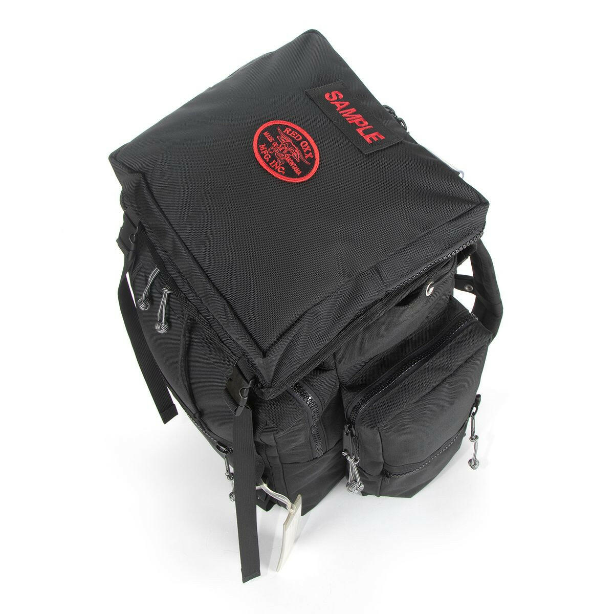 Railroad Backpack. Rail King Top View showing sample name patch 