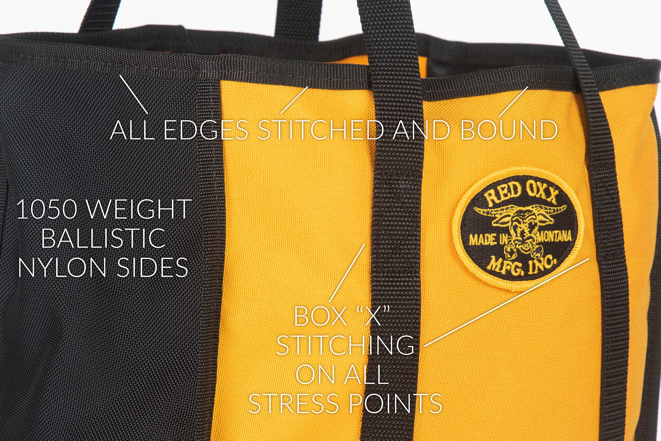 All edges stitched and bound , 1050 Ballistic Nylon sides. Box XX stitching on all stress points. 