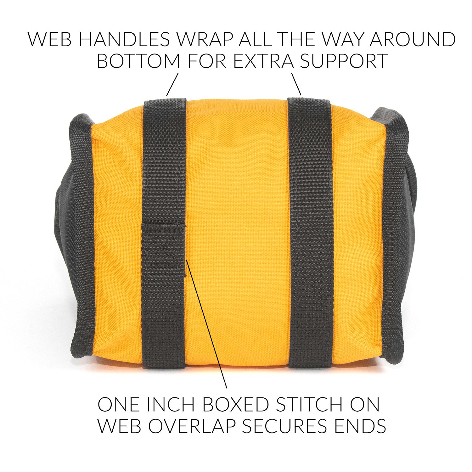 Web handles wrap all the way around bottom for extra support. One inch boxed stitch on web overlap secures ends. 