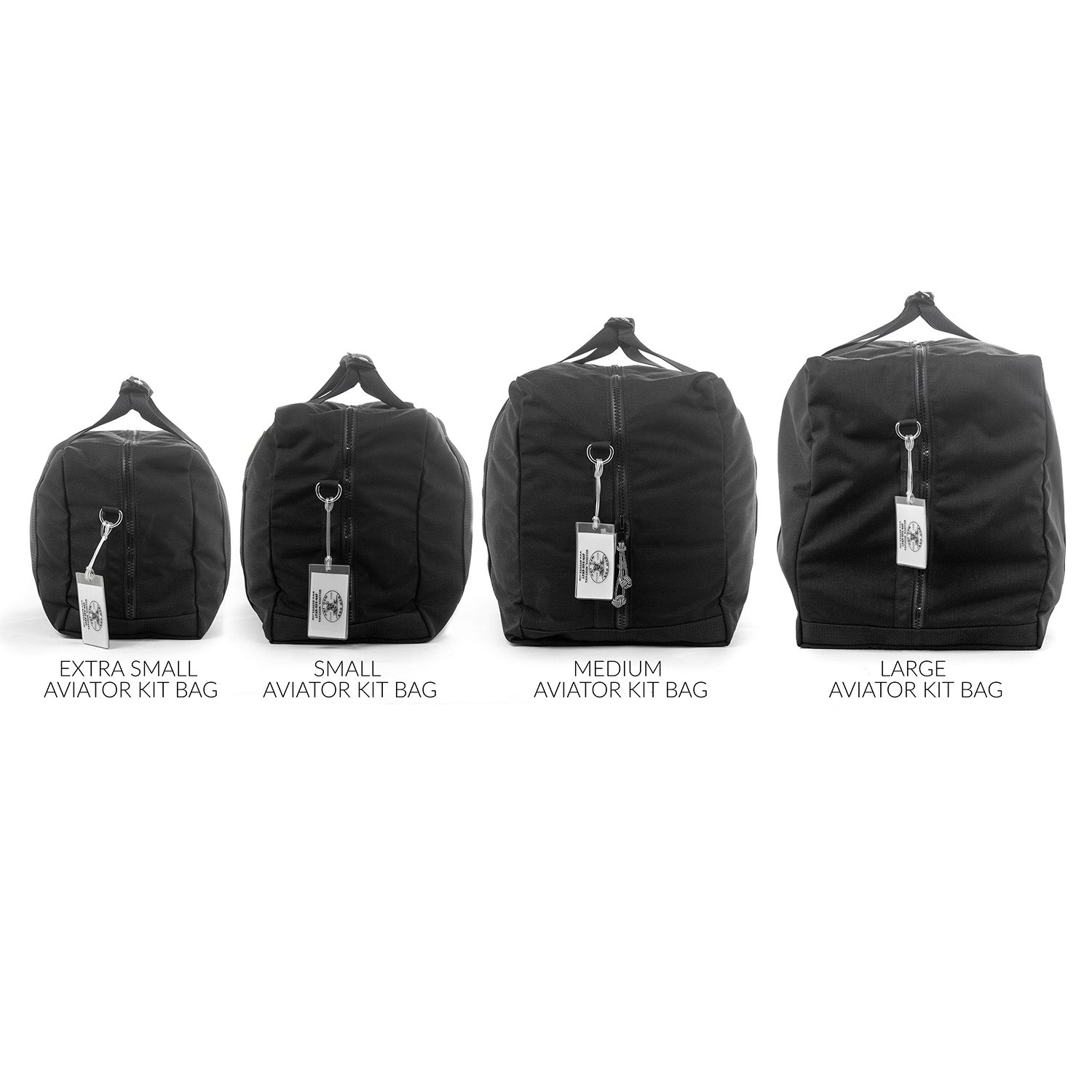 From left to right , Extra Small Aviator Kit Bag, Small Aviator Kit Bag, Medium Aviator Kit Bag, Large Aviator Kit Bag.