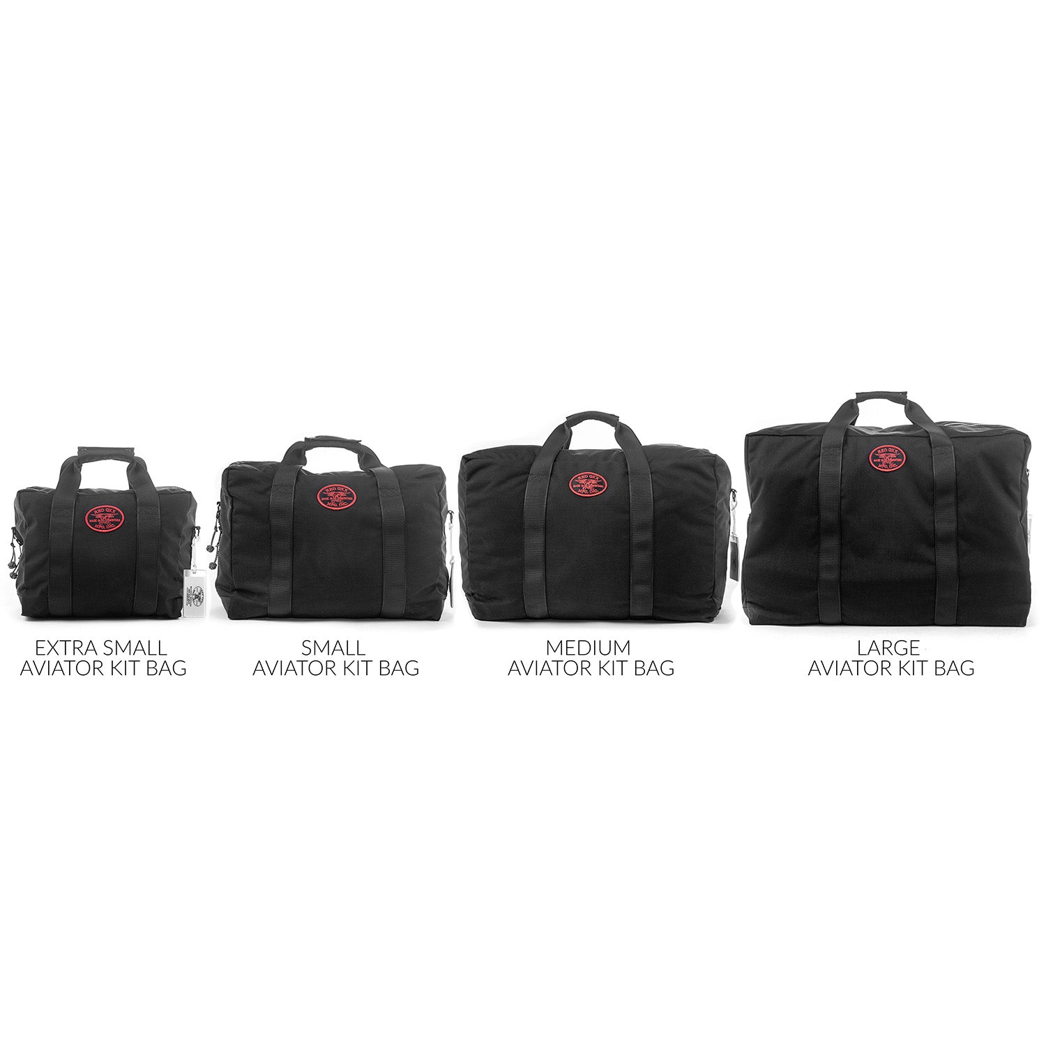 From left to right , Extra Small Aviator Kit Bag, Small Aviator Kit Bag, Medium Aviator Kit Bag, Large Aviator Kit Bag.