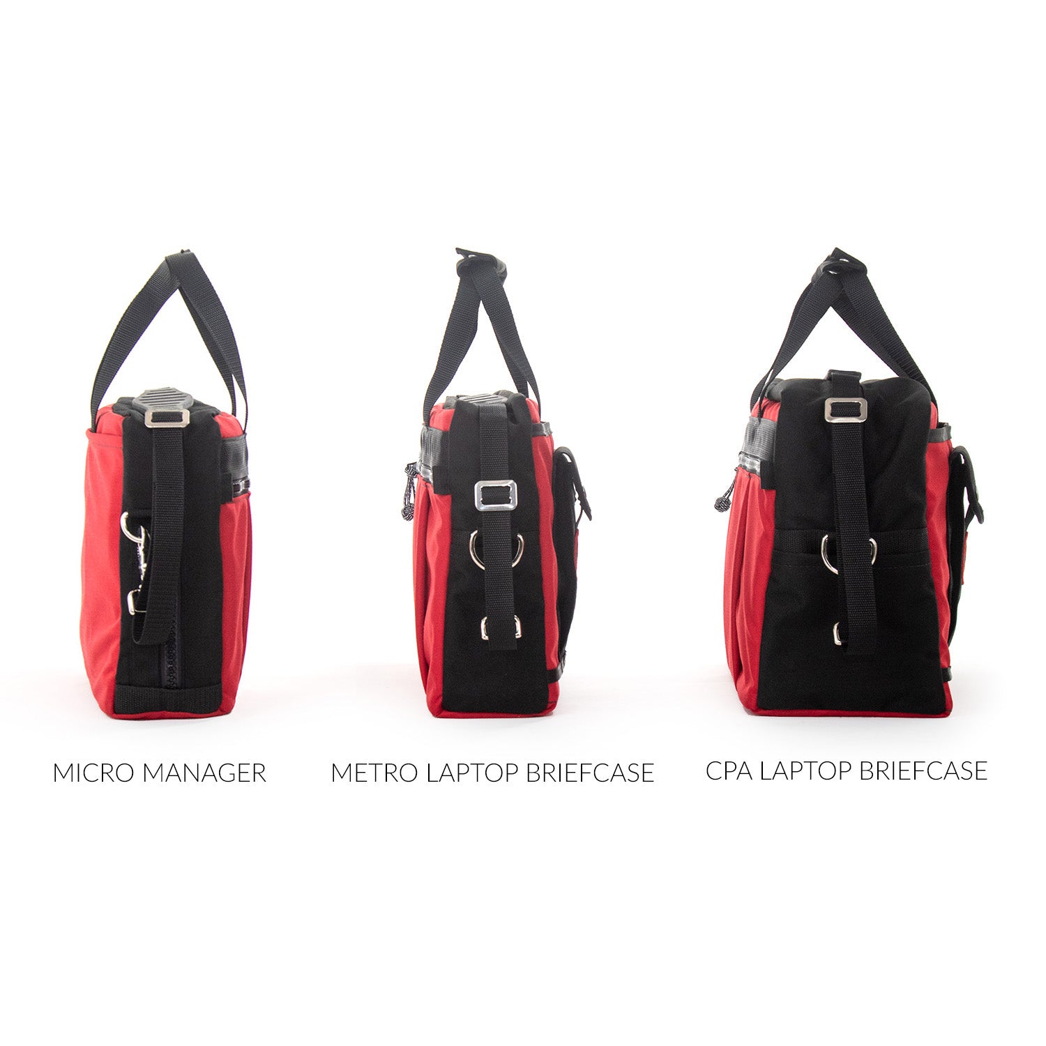 Small EDC bag, nylon tablet briefcase. End view size comparison from left to right. Micro Manager, Metro Laptop Briefcase, CPA Laptop Briefcase. 