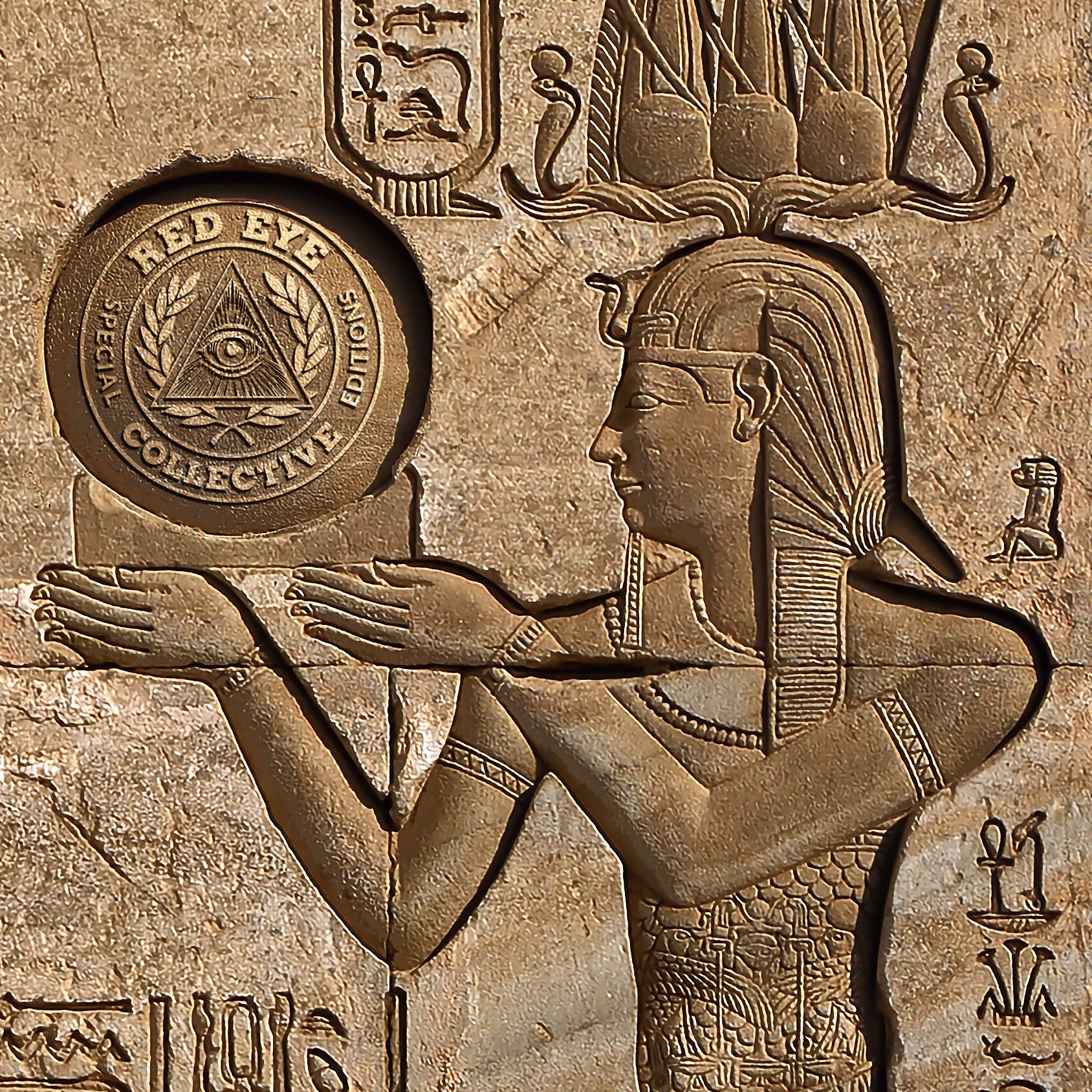 Carved stone relief of an Egyptian deity holding a tablet with a seal, surrounded by hieroglyphs.