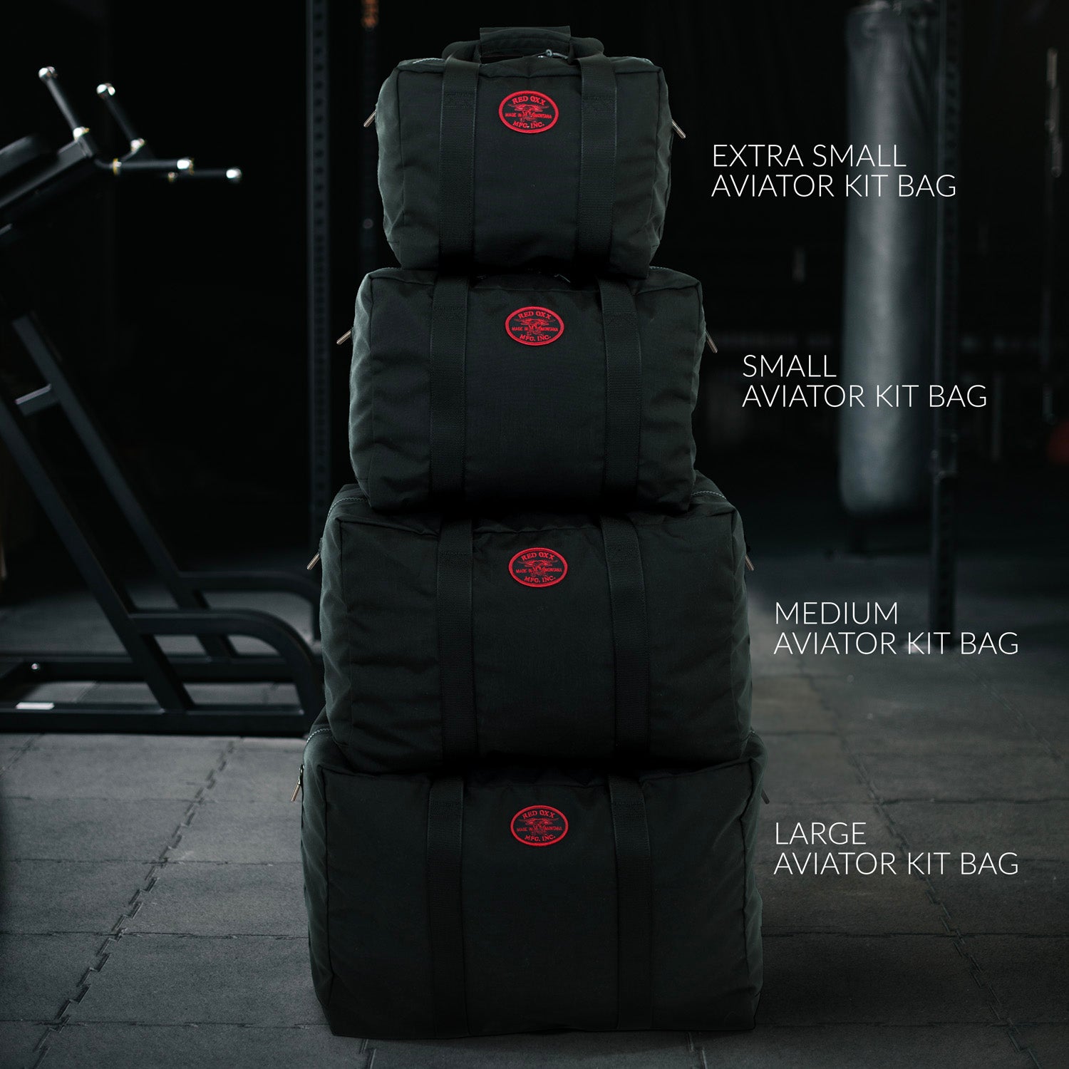 Comparison of all four Red Oxx aviator kit bags. from the top  Extra Small - Small-Medium and Large. 