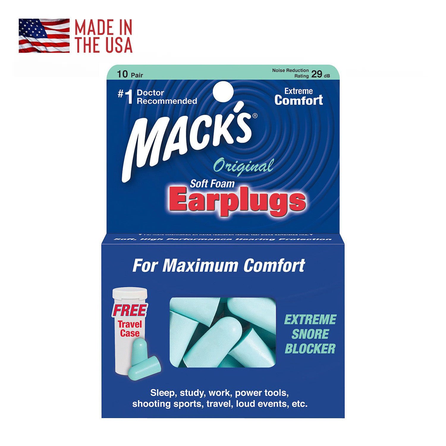 Ten Pairs of Macks original soft foam ear plugs. Noise reduction rating 29 db