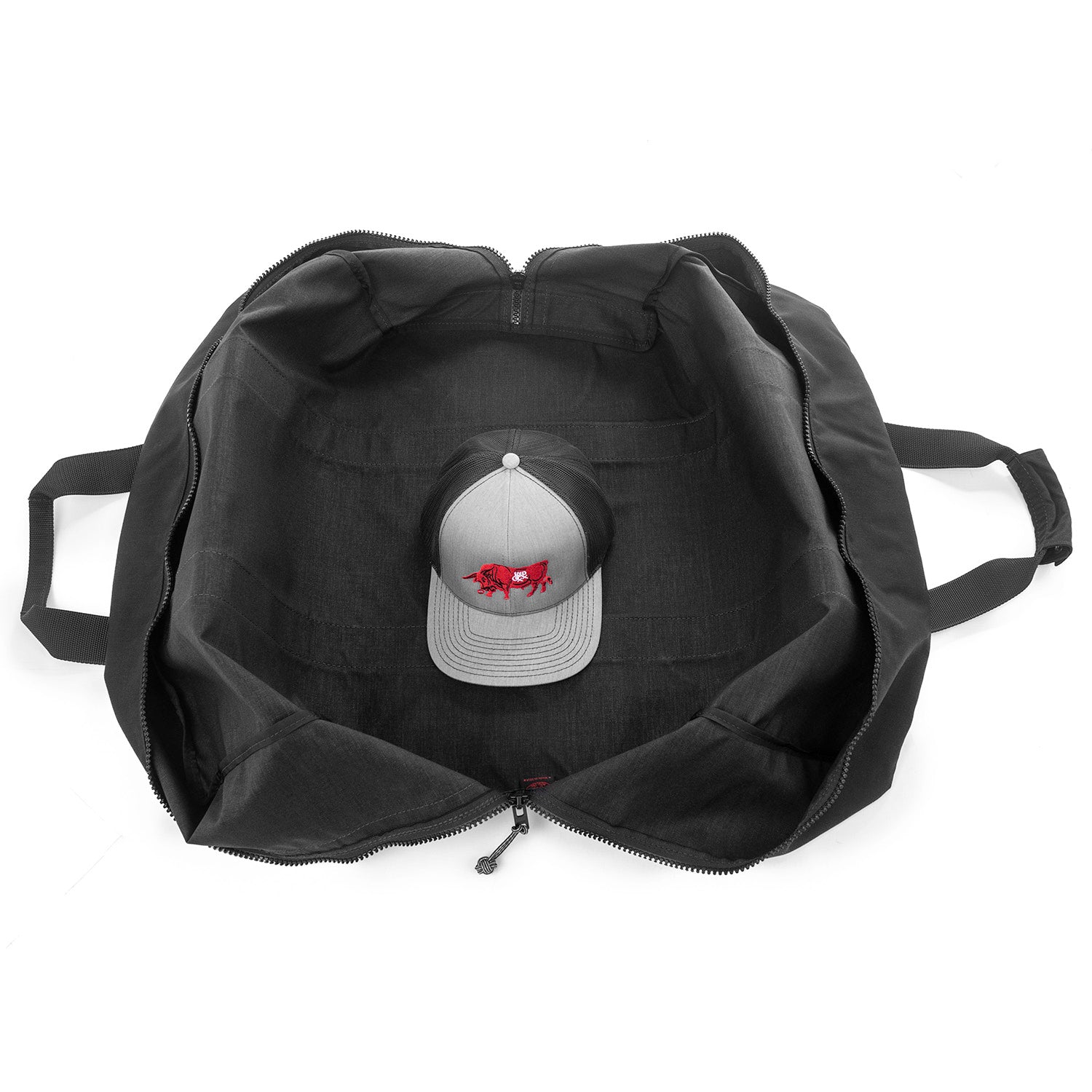 Medium Aviator Kit bag with hat for scale  fully opened zipper.