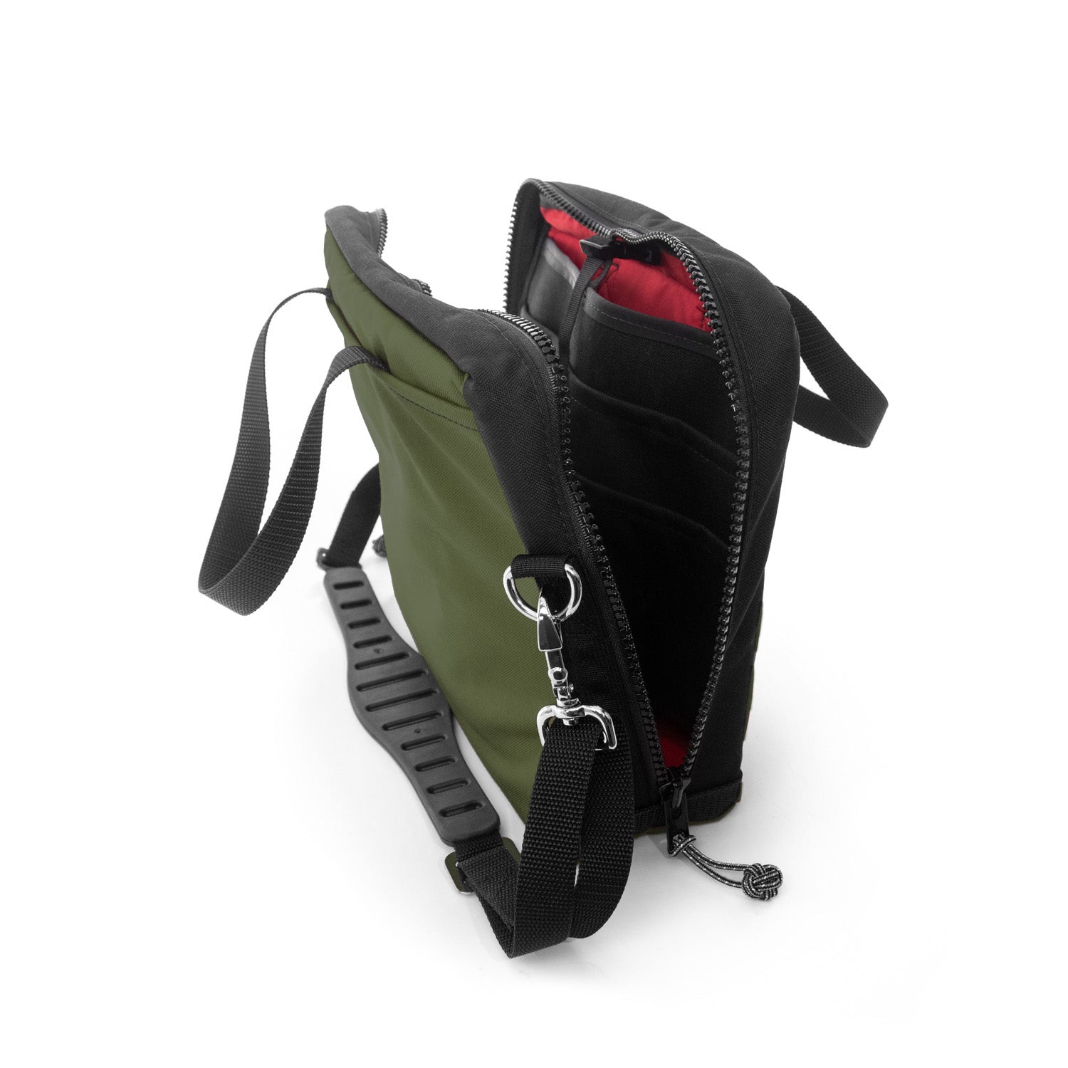 Small EDC bag, nylon tablet briefcase- End view open featuring the red 420 Nylon lining. 