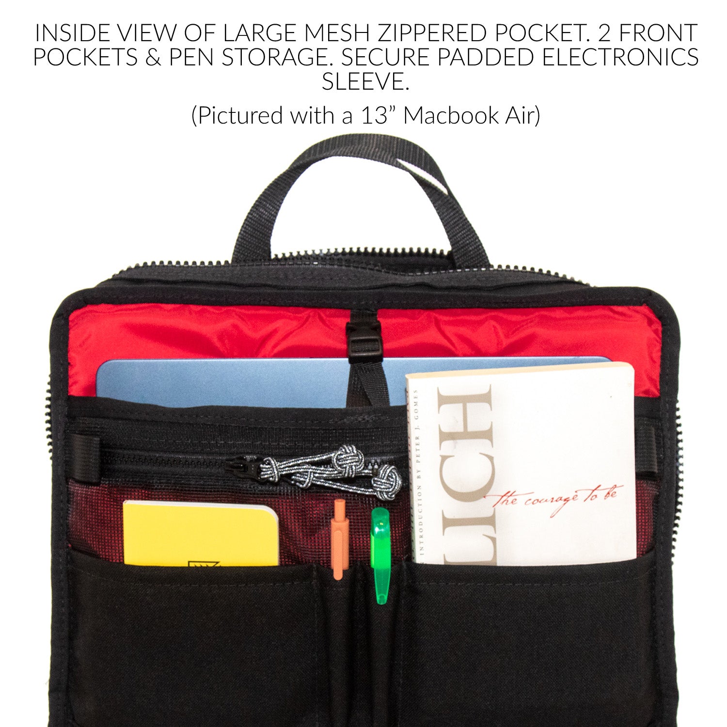 Inside view of large mesh zippered pocket. 2 front pockets & pen storage. Secure padded electronics sleeve.  Pictured with Macbook Air 13 inch