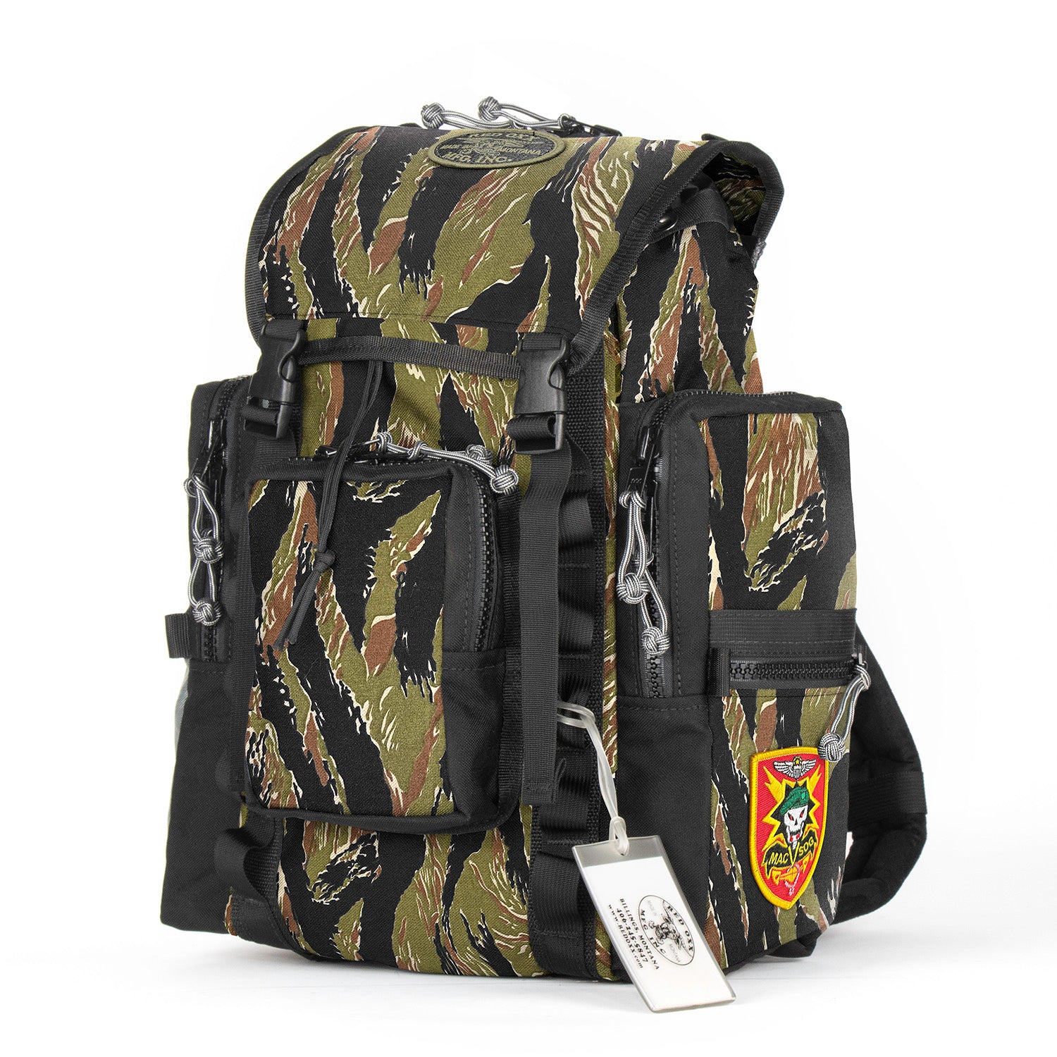 Camouflage backpack with a brand tag on a white background