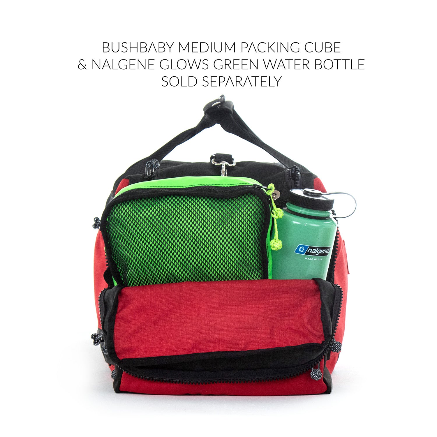 Bushbaby medium packing cube & Nalgene glows green water bottle sold separately. 