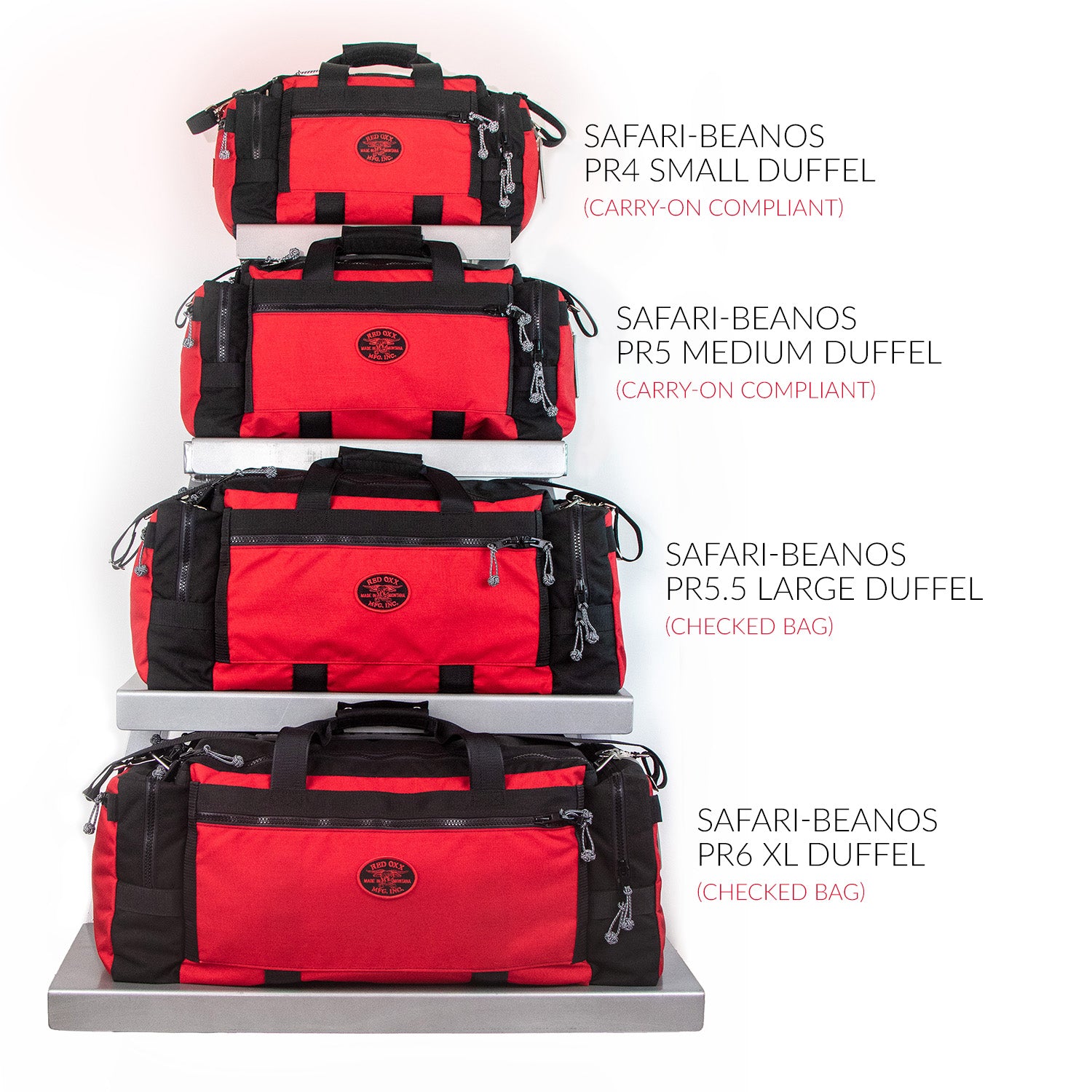 From the top PR 4 Safari Beano Carry on bag, PR 5 Safari Beano Carry on duffle, PR5.5 Safari Beano checked bag, PR6.0 Safari Beano checked bag.