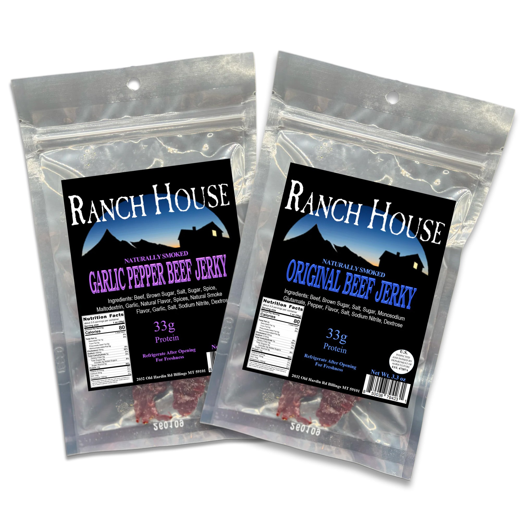 Two packages of Ranch House beef jerky: Garlic Pepper and Original flavors, each containing 33g of protein.