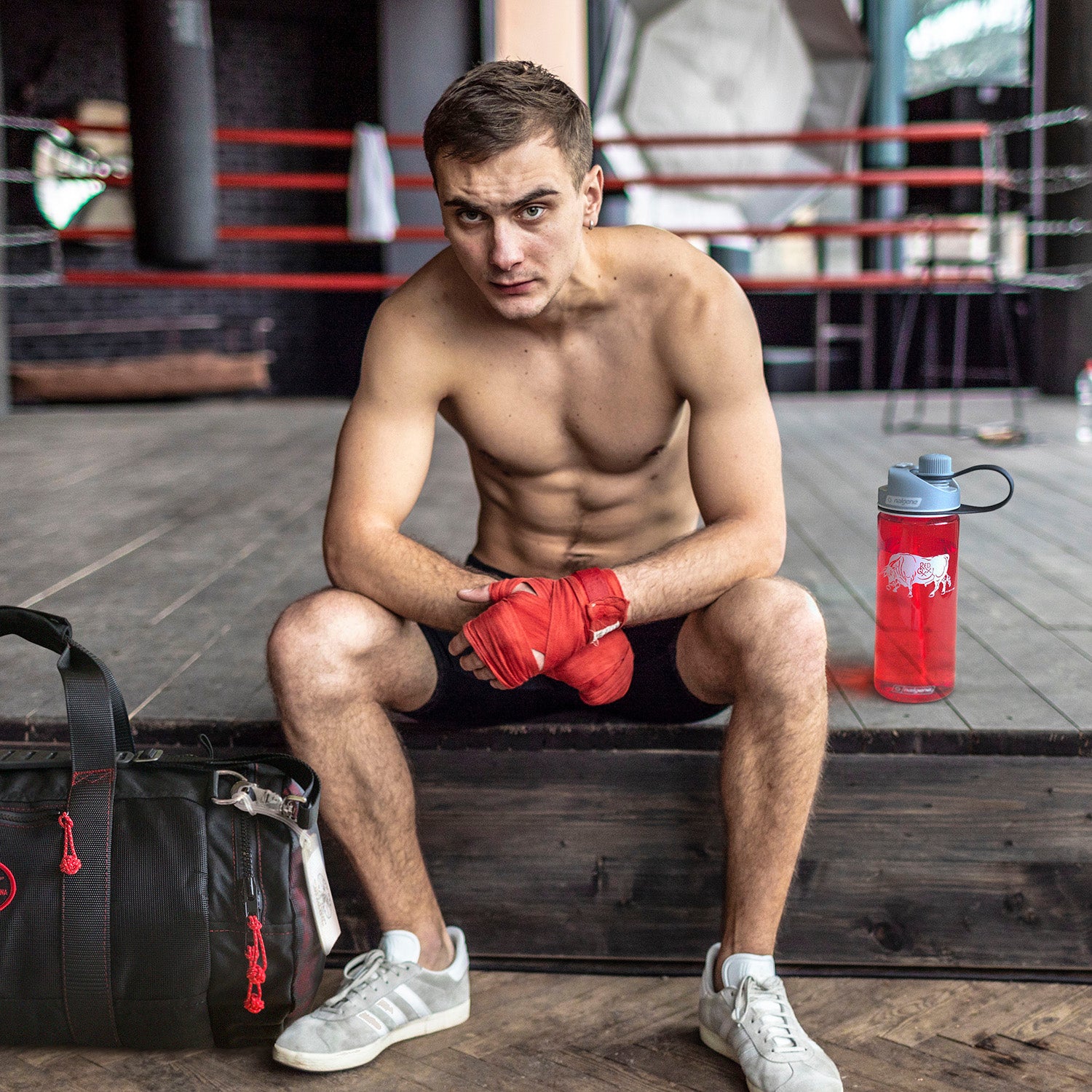 In the gym with Red Oxx Nalgene water bottle