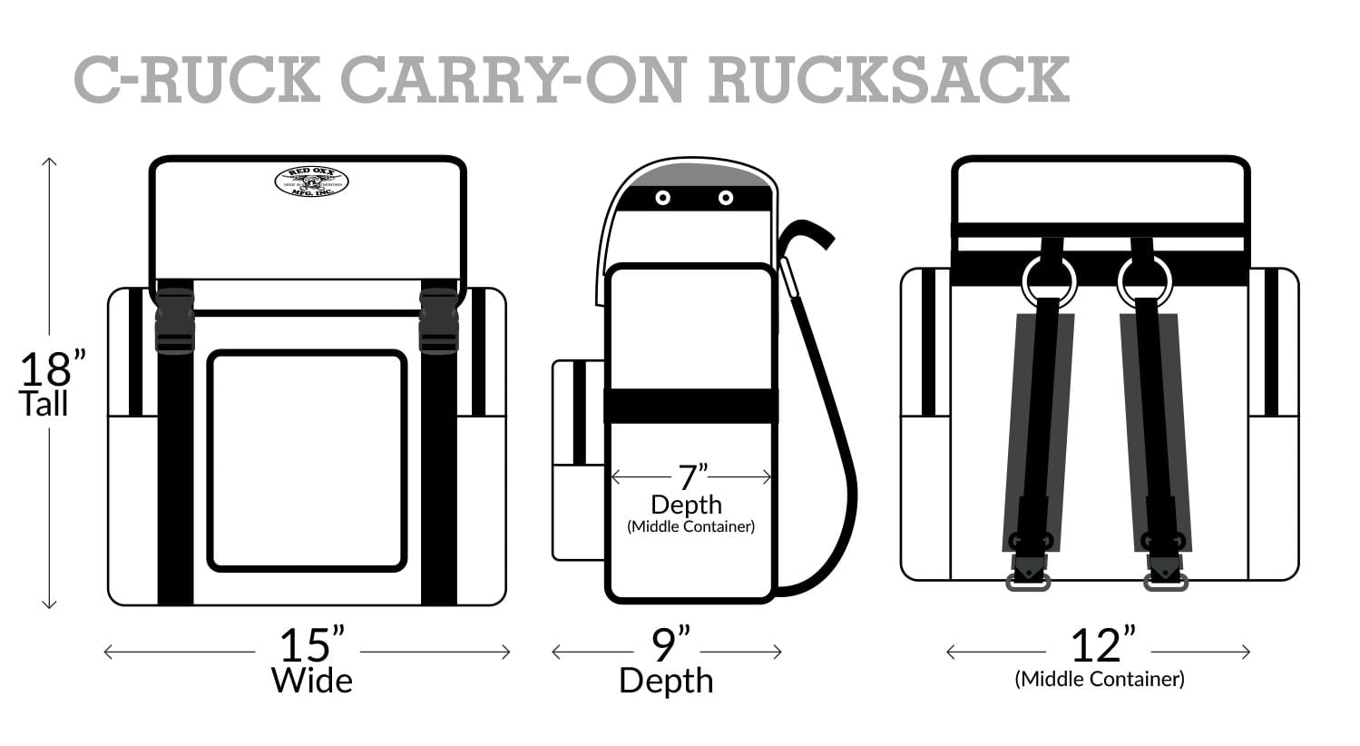 C Ruck Carry On Rucksack dimensions, 18 Inches Tall x 15 Inches Wide x 9 Inches Depth. 