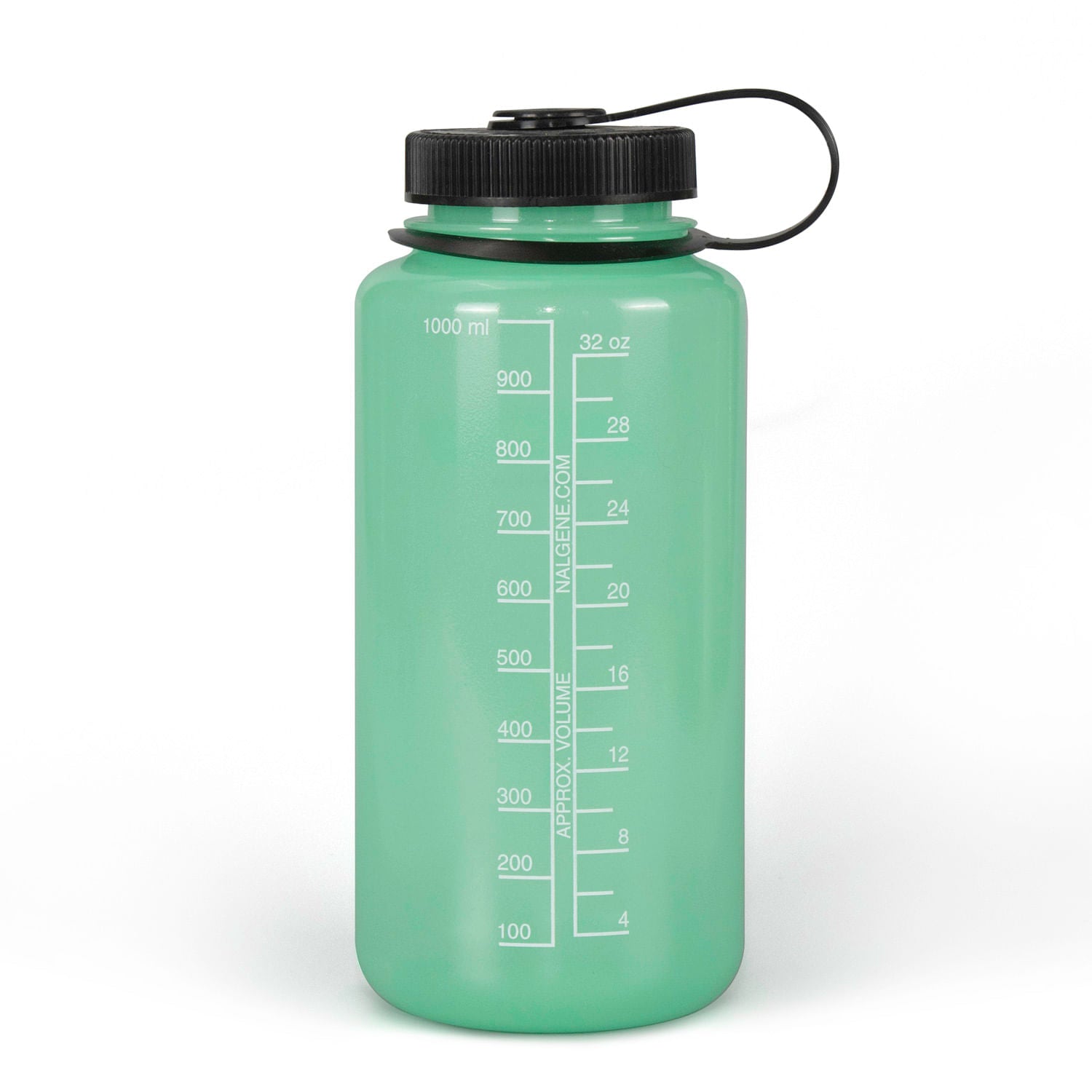 Nalgene green glow 32 ounce back with volume measurement. 