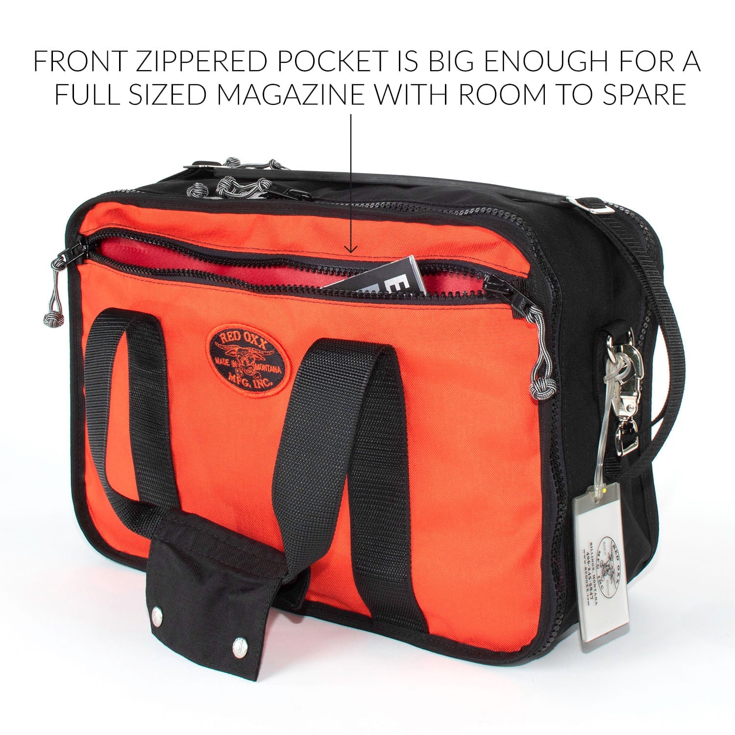 Front zippered pocket is big enough for a full sized magazine with room to spare. 