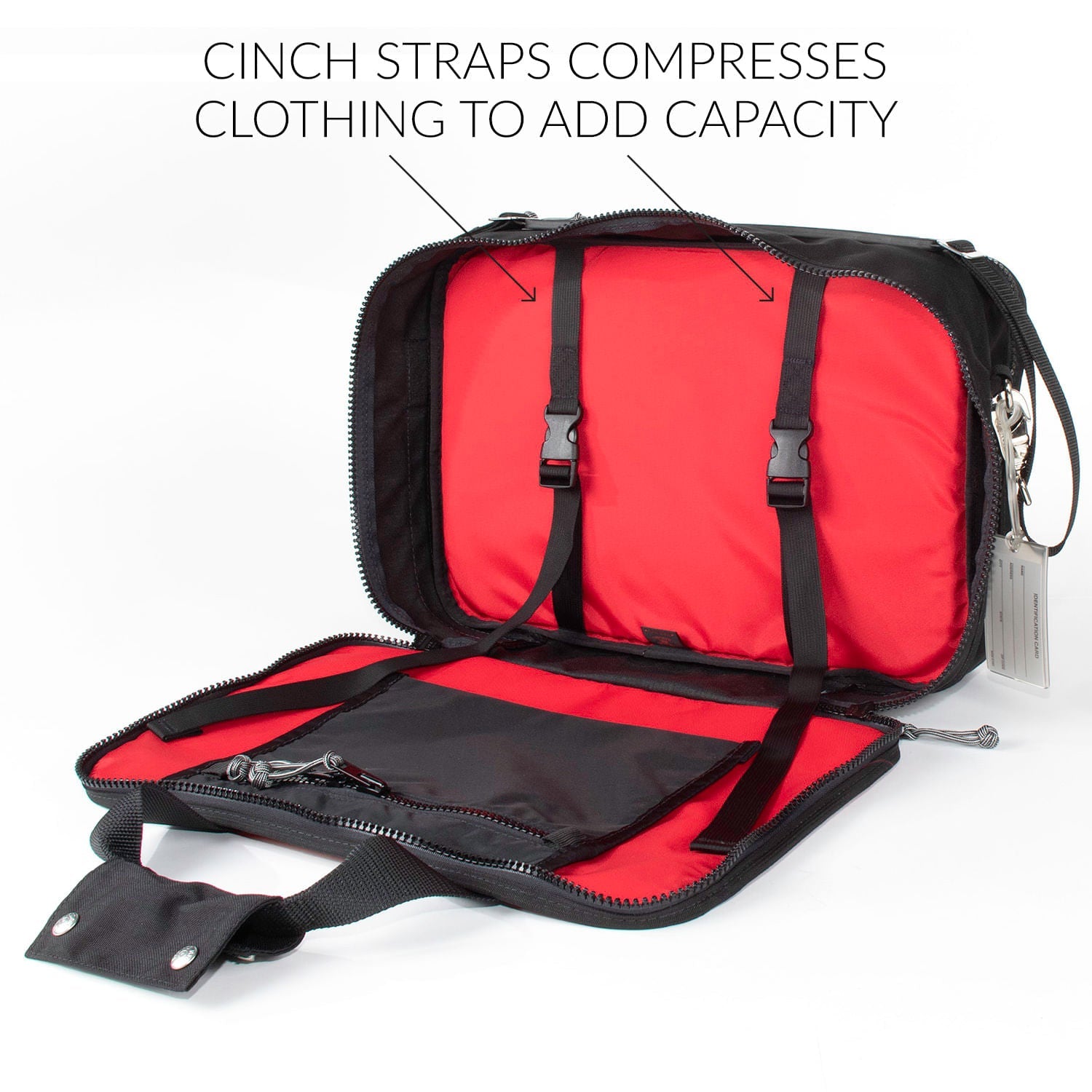 Cinch straps compress clothing to add capacity. 