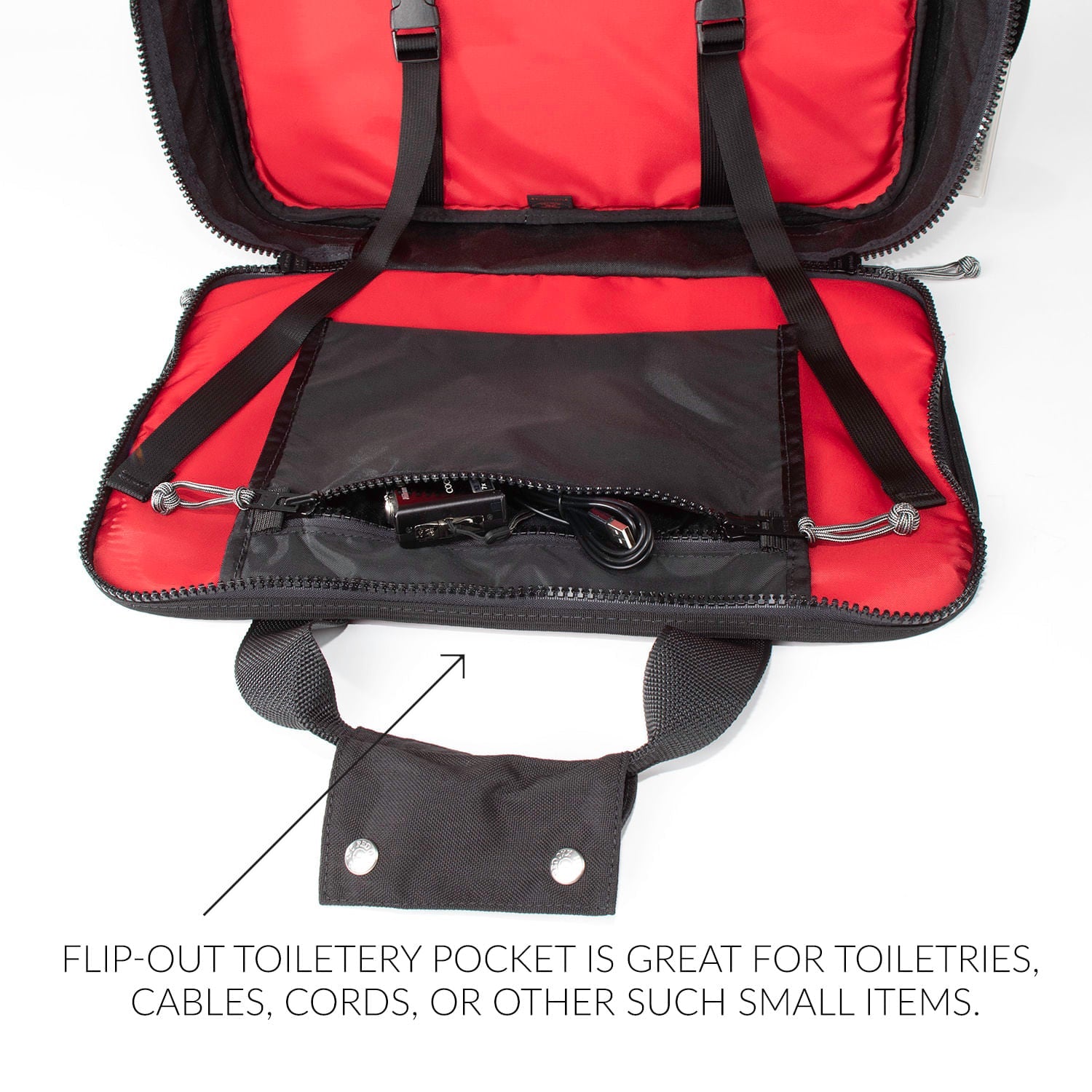 Flip out toiletry pocket is great for toiletries ,cables, cords or other such small items. 