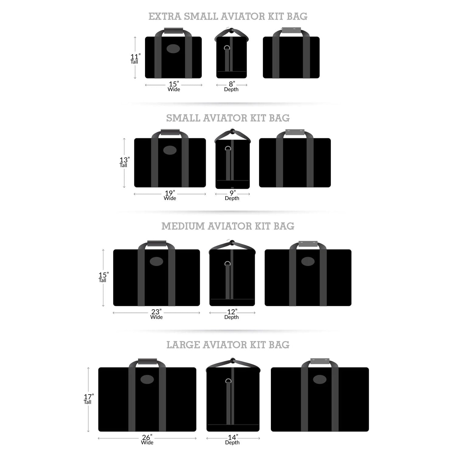 Red Oxx aviator kit bags measurements and comparison chart.   Extra Small at top - Small - Medium- Large at the bottom of chart. 