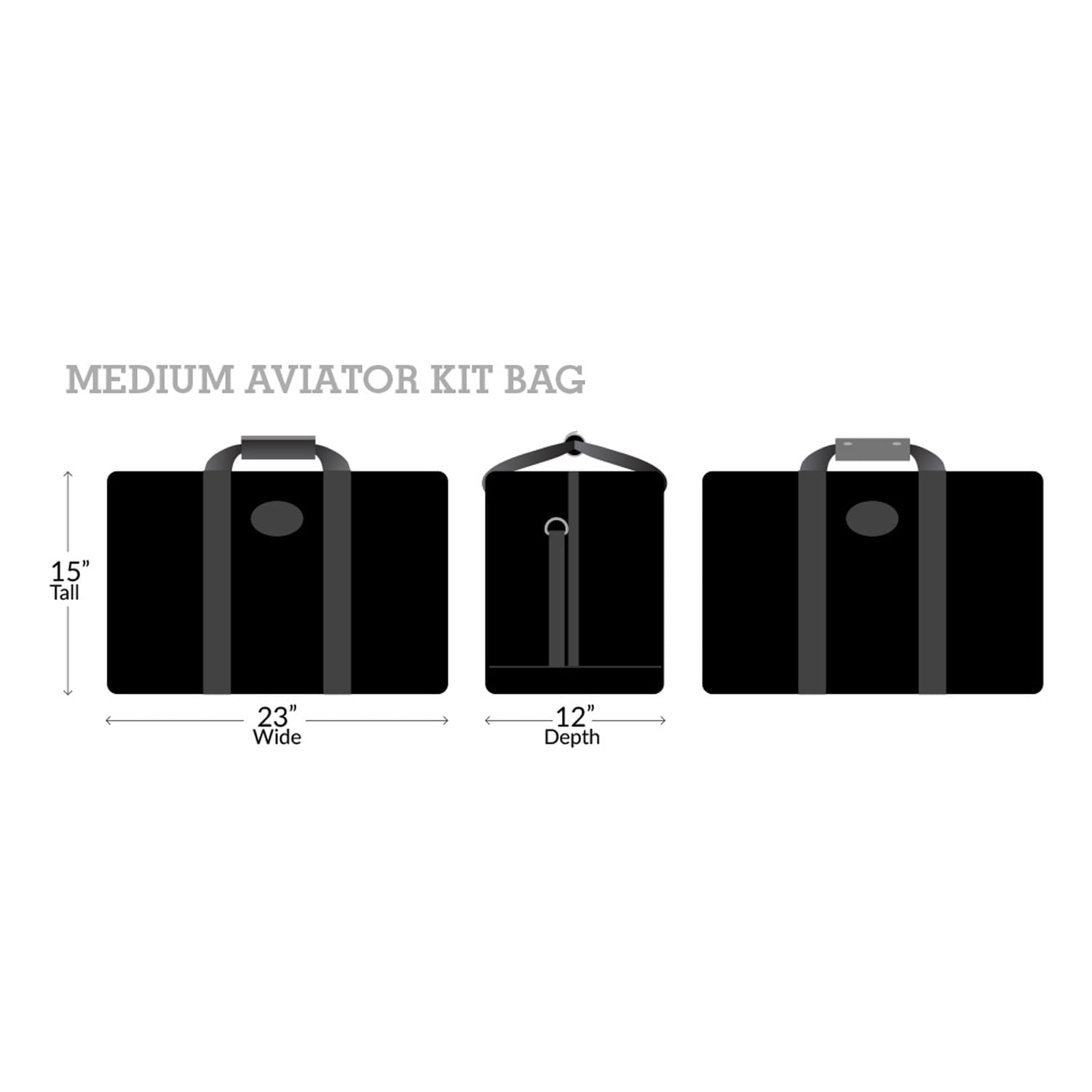Medium aviator kit bag measurements.  15 inches tall x 23 inches wide x 12 inches depth. 