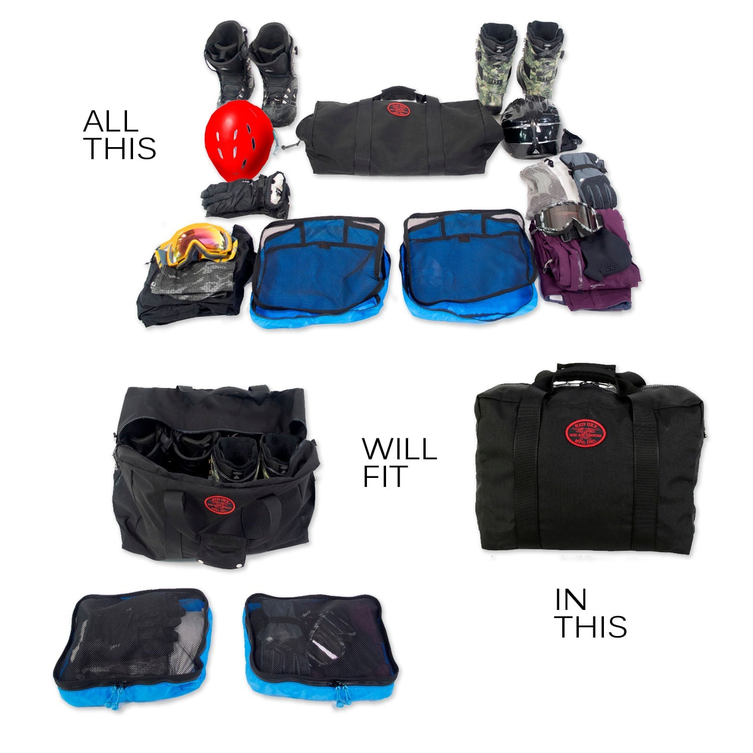 Medium kit bag hauls a large amount of sporting gear.   Ski boots , packing cubes, large jackets and pants. 