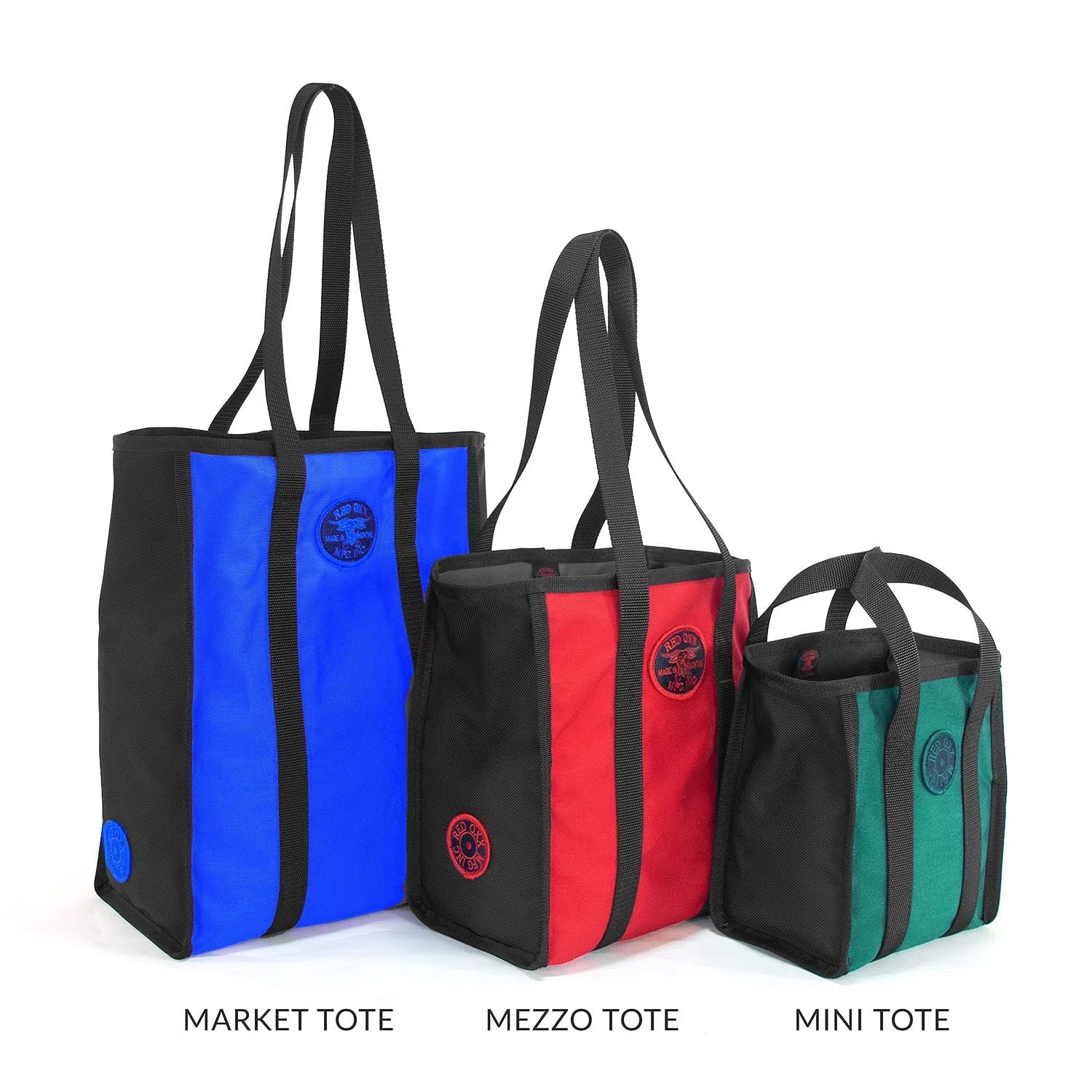 Red Oxx tote bags comparison from left to right.  Market Tote , Mezzo Tote and Mini Tote. 
